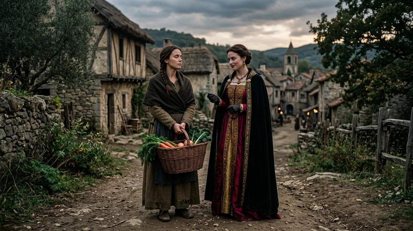 Zainab holding a basket of vegetables while her sister Aminah speaks to her mockingly