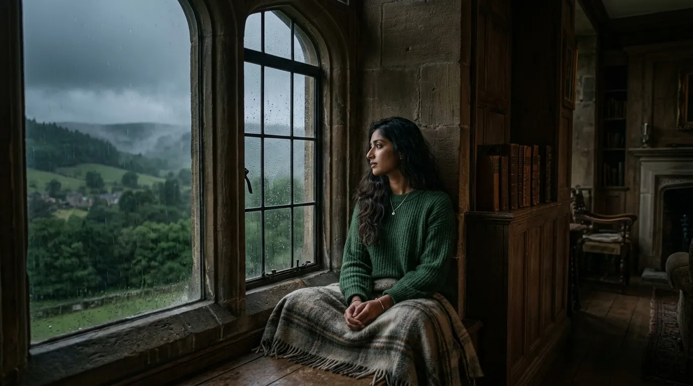 Zainab sitting quietly by a window in a grand stone estate while rain falls outside