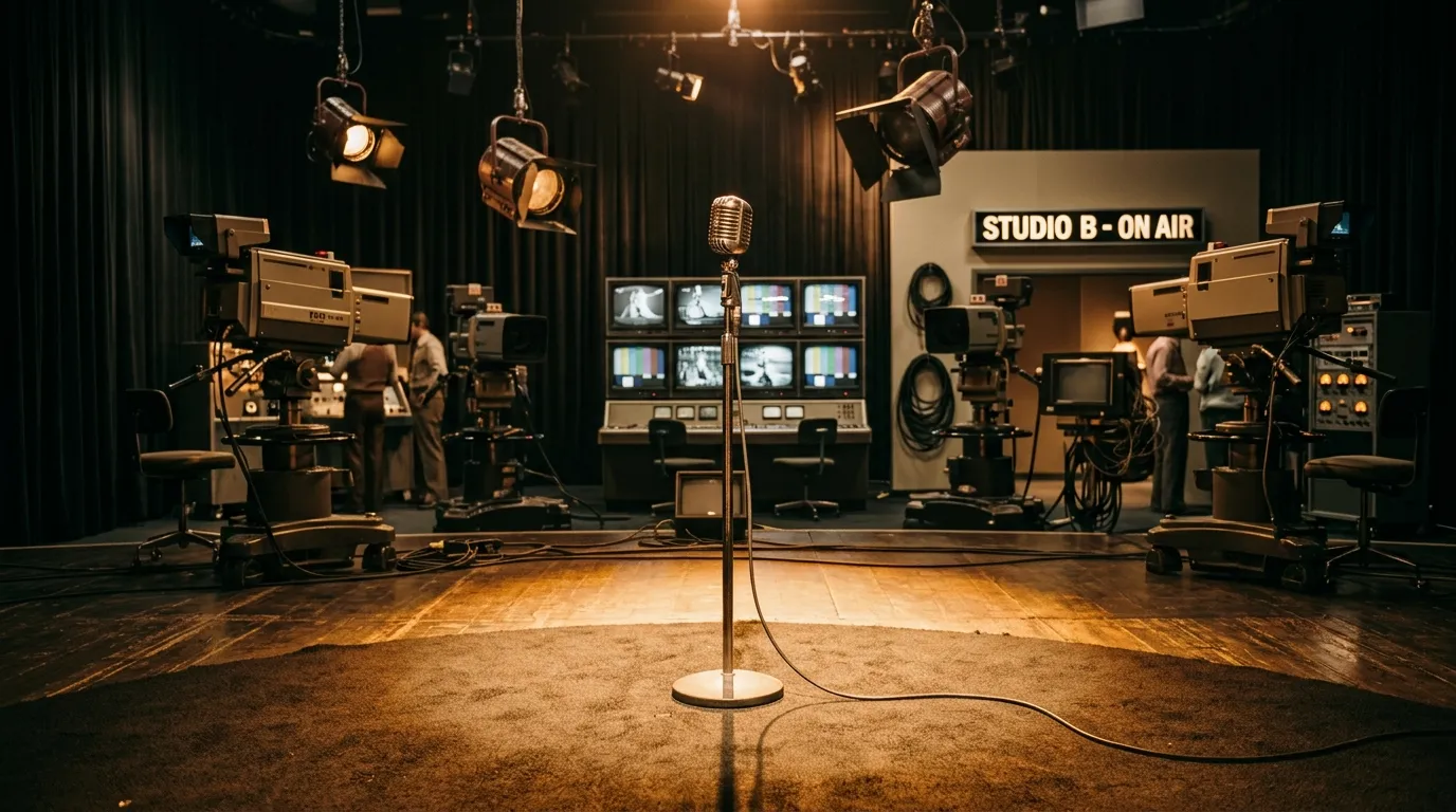 A tense, glowing 1970s television control room