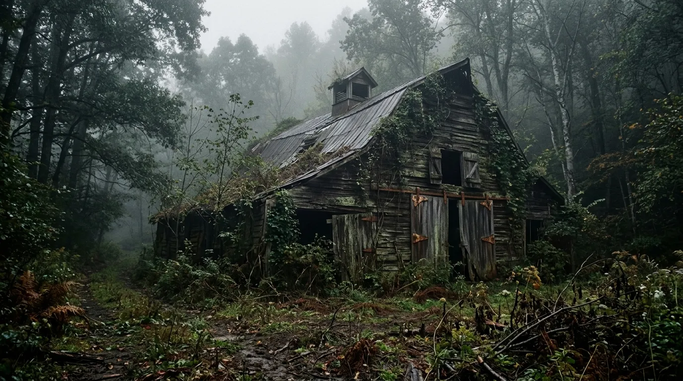 An old, rotting barn hidden deep in the foggy Appalachian woods.