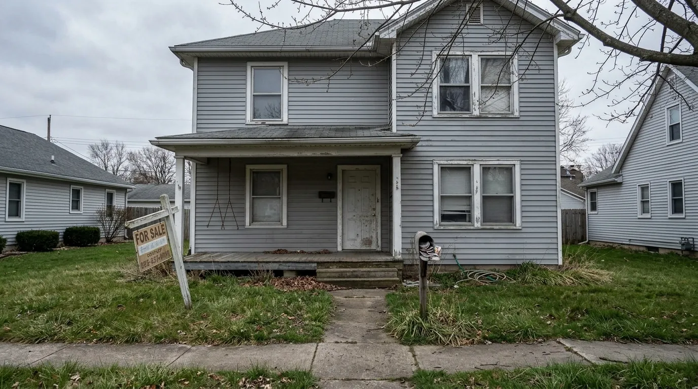 An empty gray house with a crooked For Sale sign in the yard.