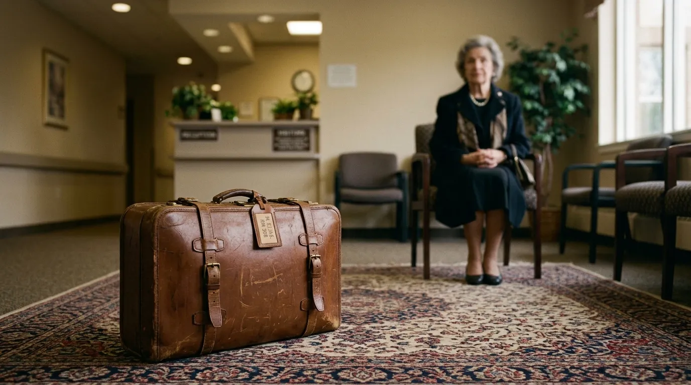 A single brown suitcase sitting alone in a sterile nursing home lobby
