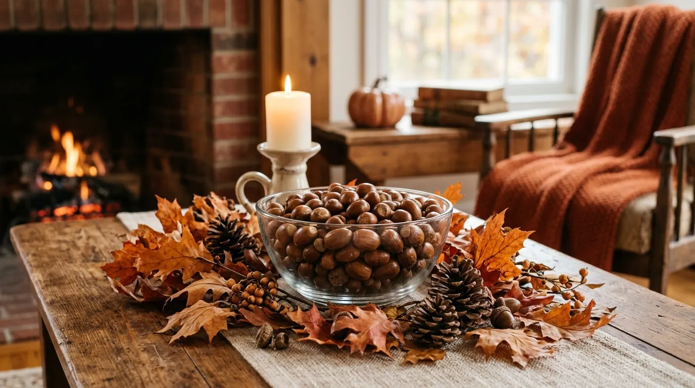 A beautiful autumn centerpiece featuring shiny brown acorns in a glass bowl.