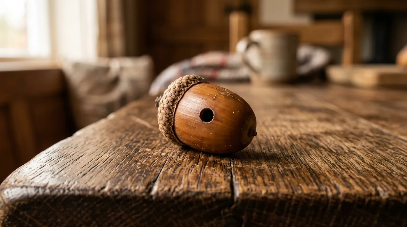 A close-up of a brown acorn with a perfectly round tiny hole in its side.