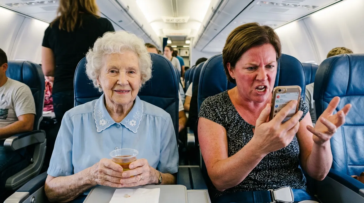 An older woman calmly holding a plastic cup on an airplane while an angry passenger sits next to her.