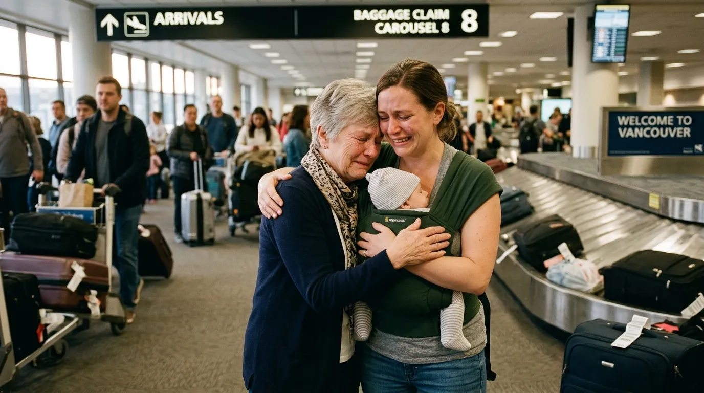 An older woman cautiously and emotionally hugging her daughter, who is wearing a baby in a green carrier at baggage claim