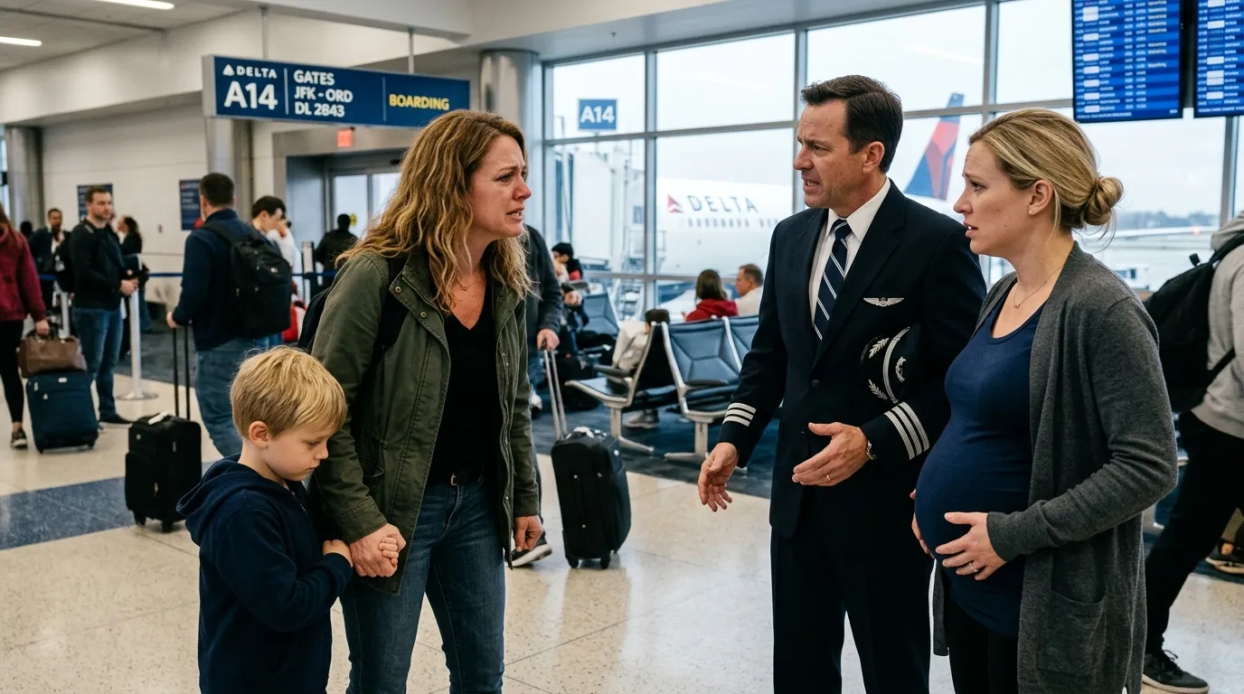 A tense standoff in an airport terminal between a mother and son, and a pilot with a pregnant woman