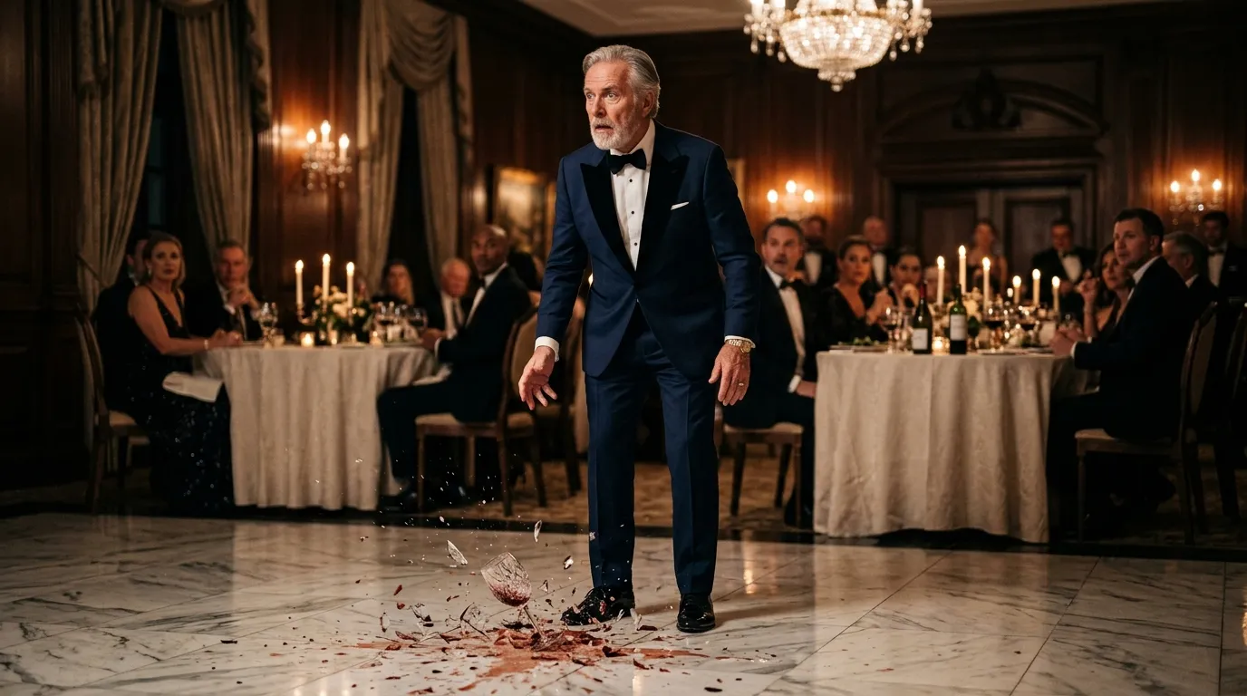 Wealthy man dropping a crystal glass in a country club
