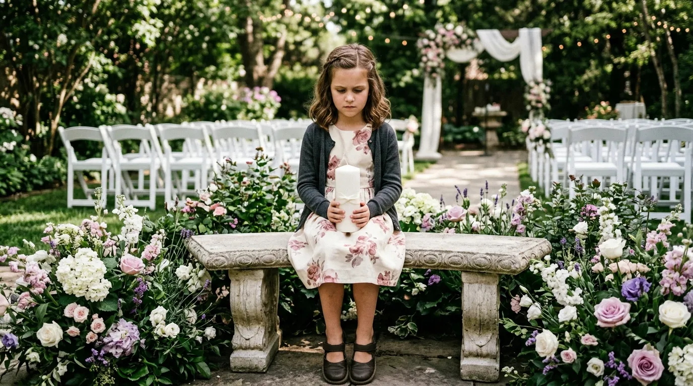 A 9-year-old girl sitting on a garden bench holding a white pillar candle