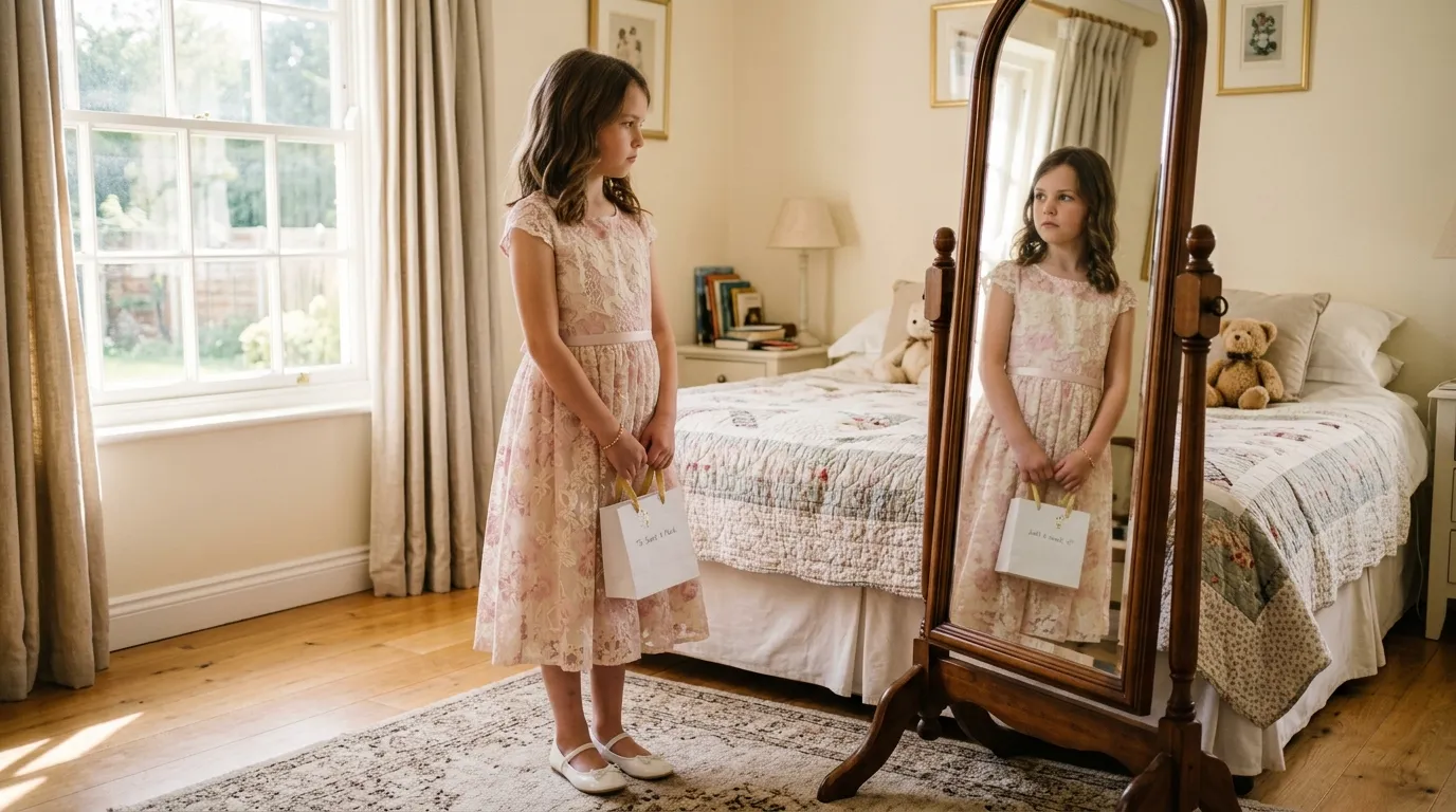 A thoughtful 9-year-old girl in a dress standing in front of a mirror holding a white gift bag