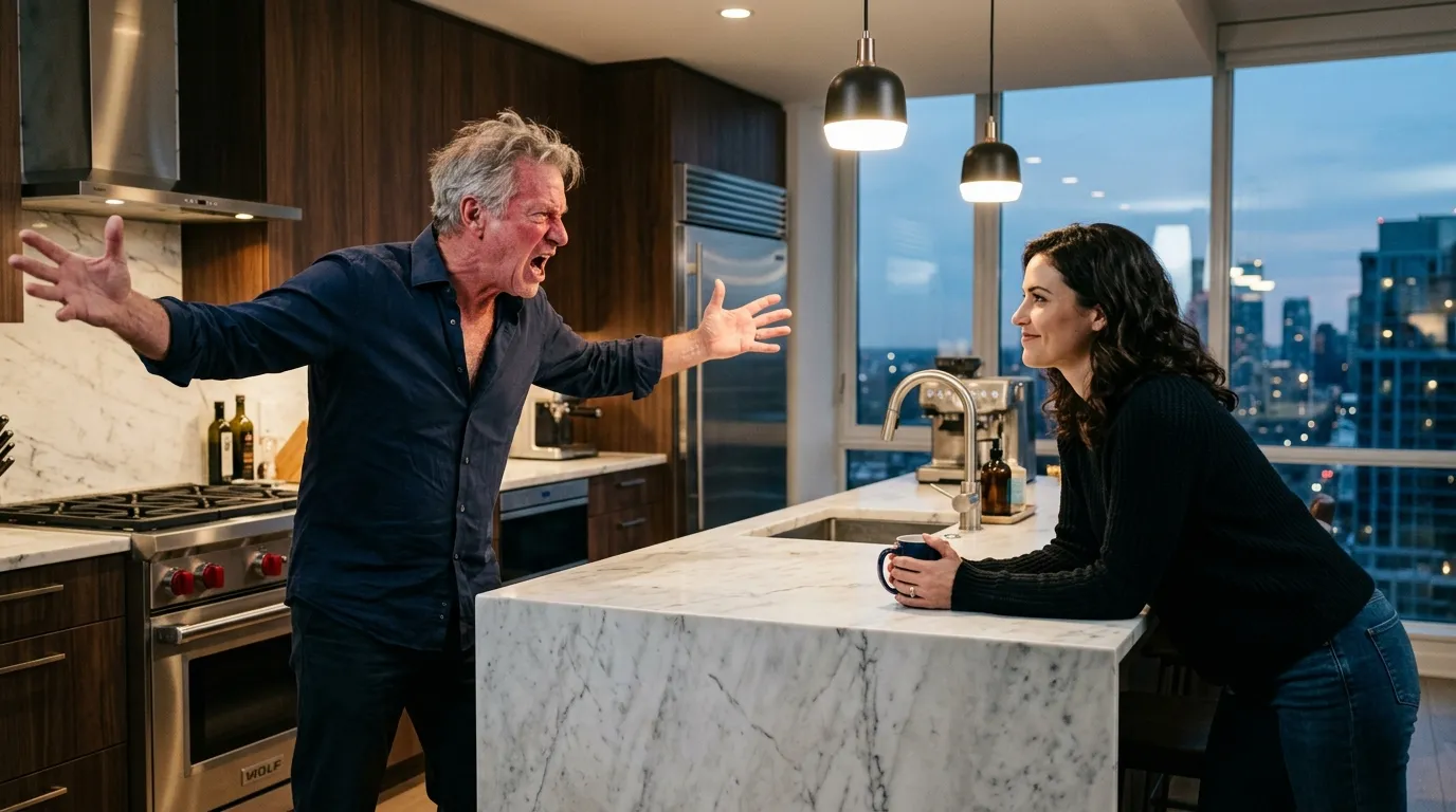 Angry father yelling at a calm woman in a modern kitchen