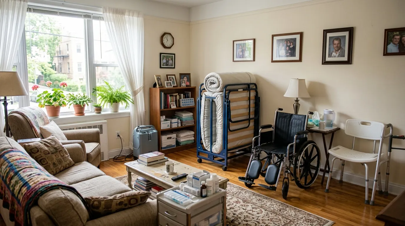 Apartment living room neatly organized with various home medical mobility equipment
