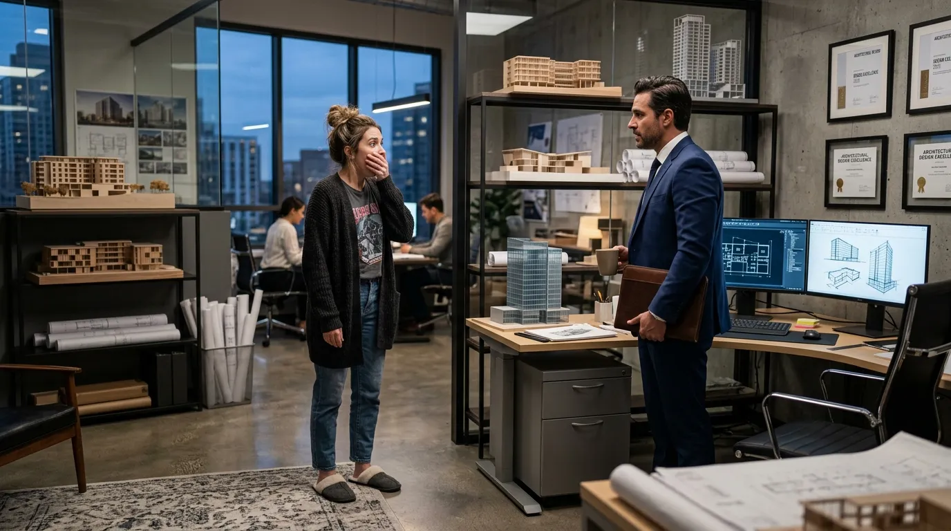 A woman looking shocked in the lobby of a modern architecture firm, confronting a man in a suit.