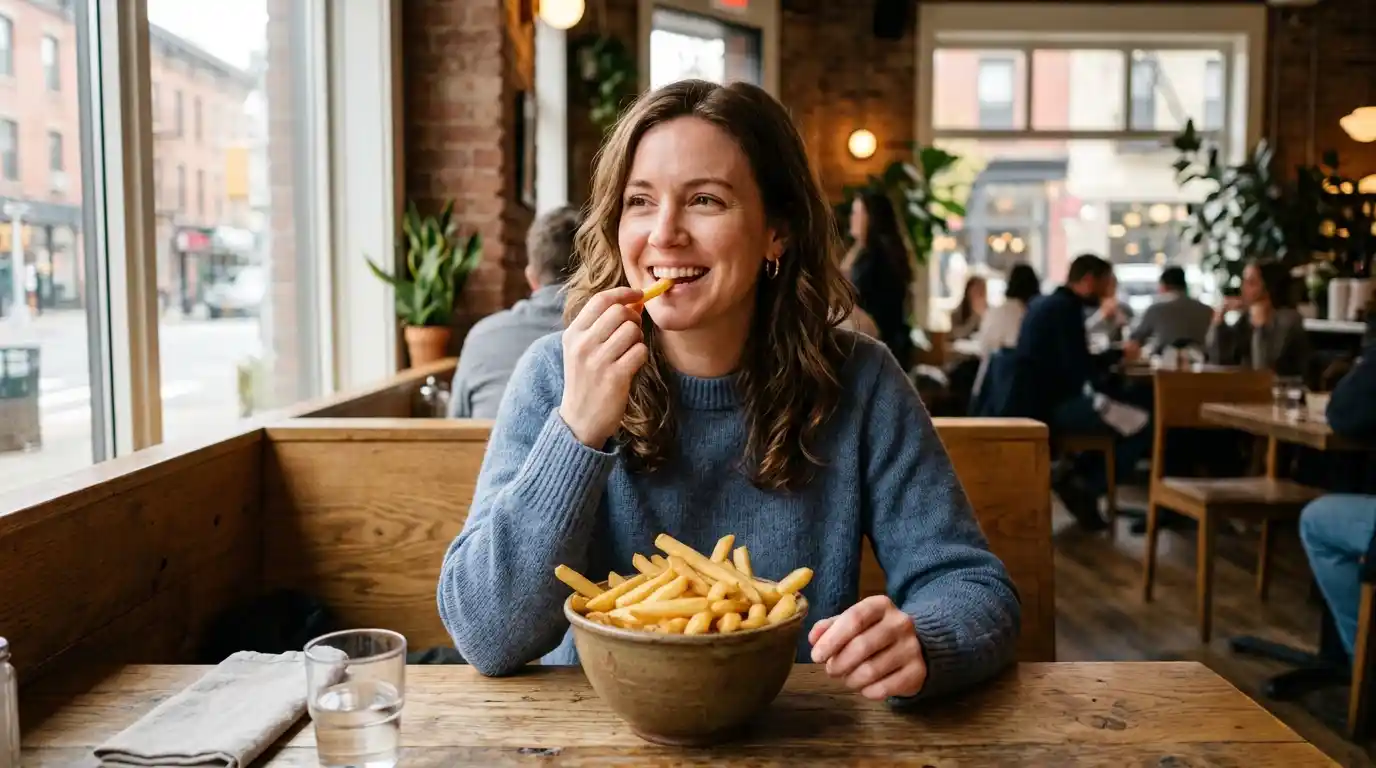 Relaxed woman happily eating a bowl of plain french fries with no sauce