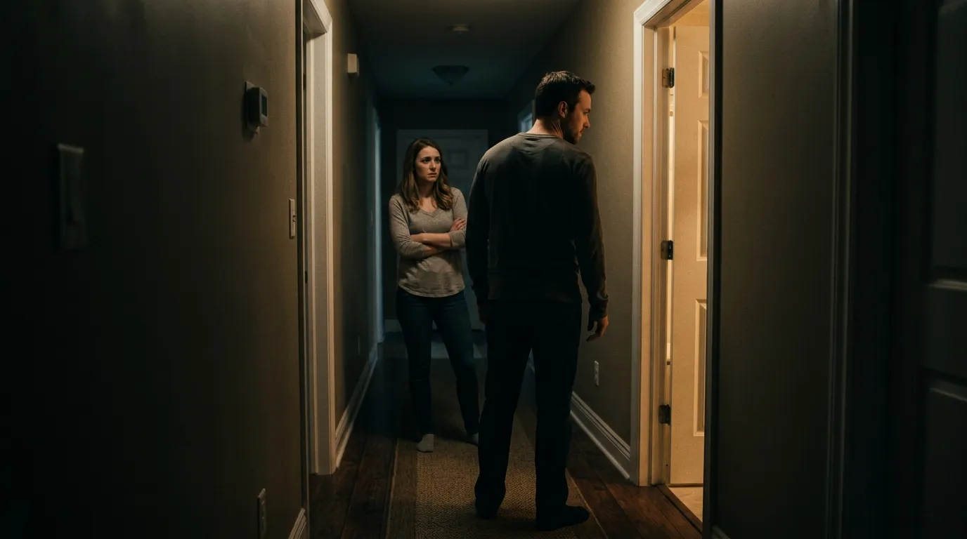 A tense standoff in a dimly lit hallway outside a bathroom
