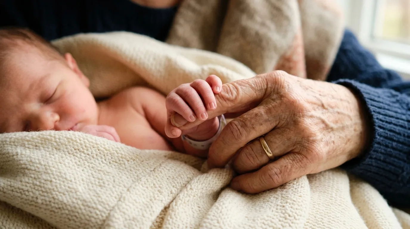 A close-up of a newborn baby's tiny hand gently wrapping around the finger of an older woman.