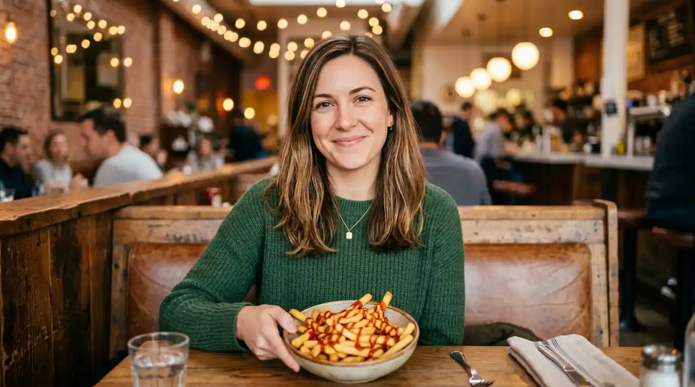 Calm woman holding a bowl of french fries with a perfect, moderate drizzle of ketchup