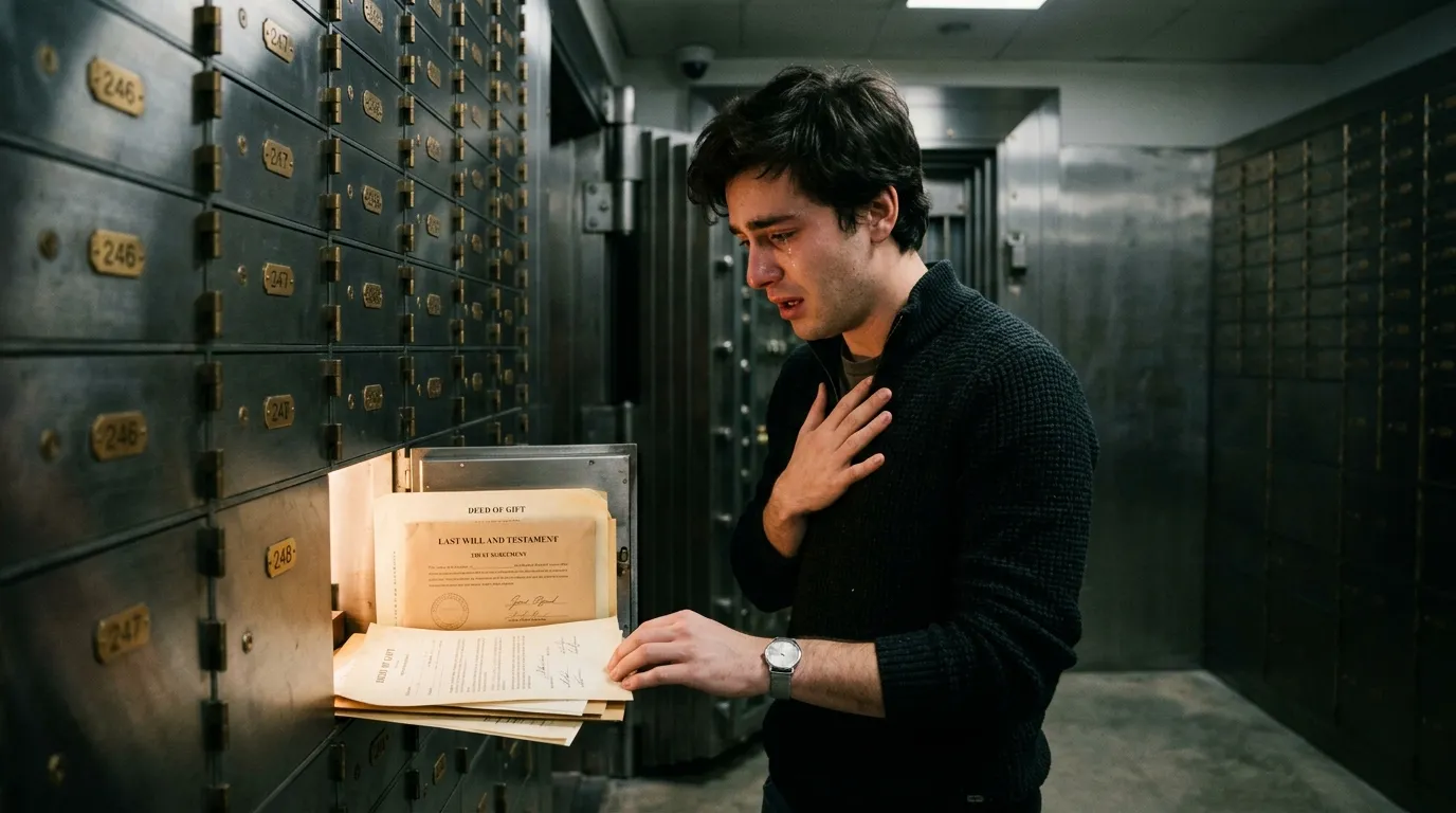 Young man looking at legal documents inside a bank safety deposit box