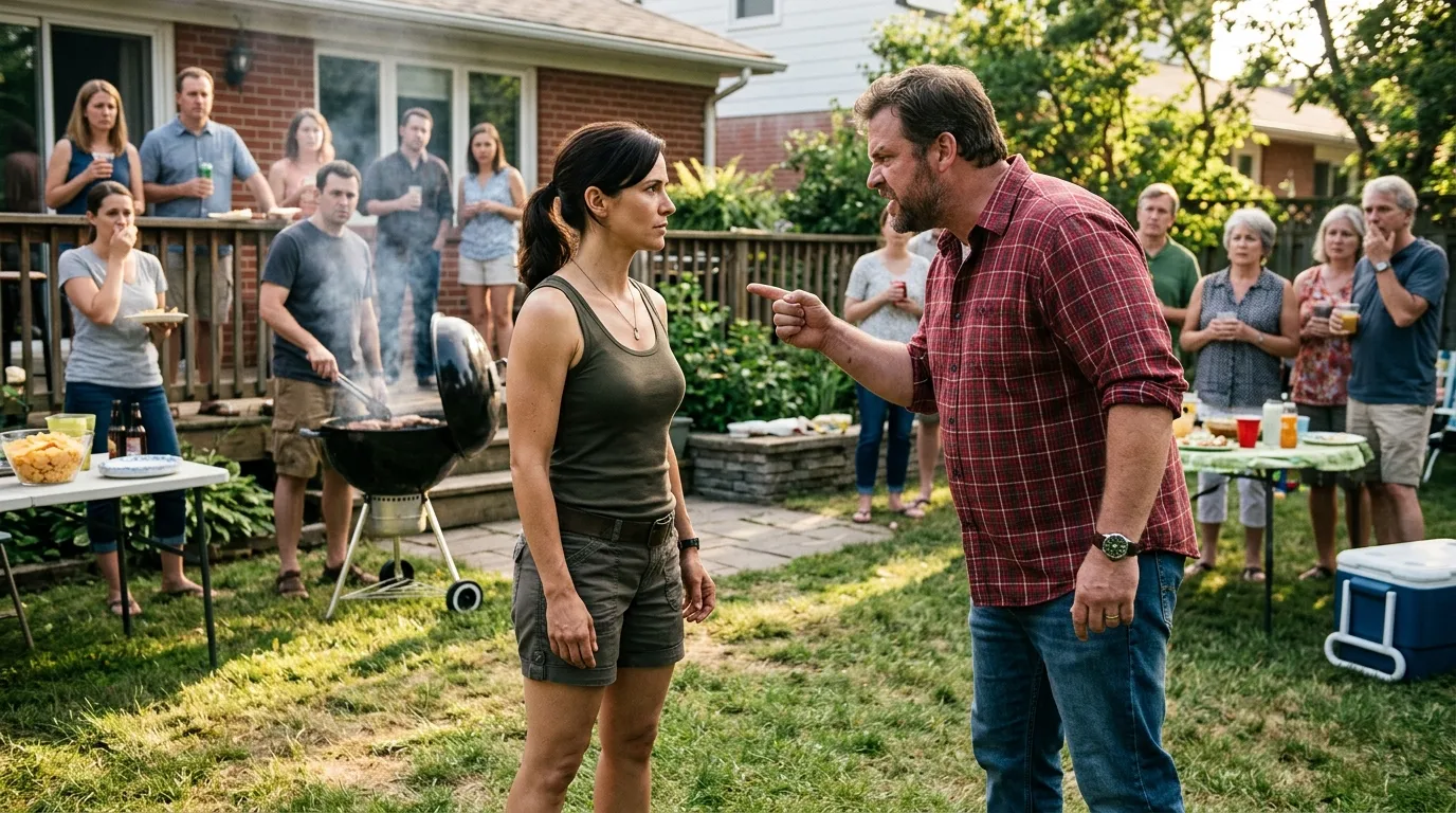 A tense standoff at a sunny suburban backyard barbecue. A calm, athletic woman with dark hair stands with her hands relaxed at her sides, facing a large, arrogant-looking man. Neighbors watch nervously in the background.