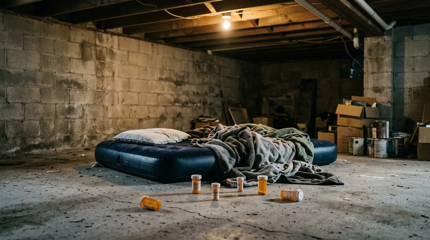 A cold, dimly lit unfinished basement with a deflated air mattress on the floor