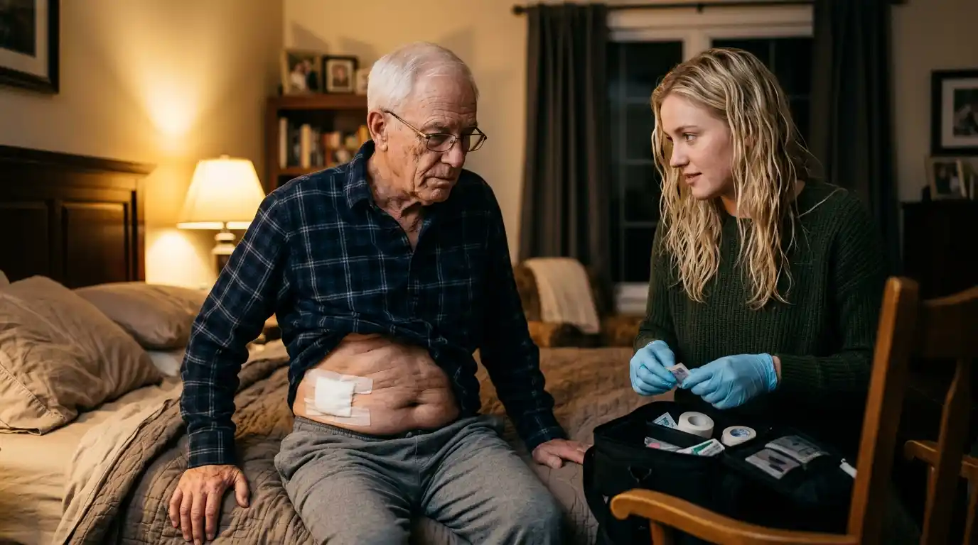 An elderly man sitting on a bed with a bandaged abdomen while a young woman in medical gloves prepares supplies