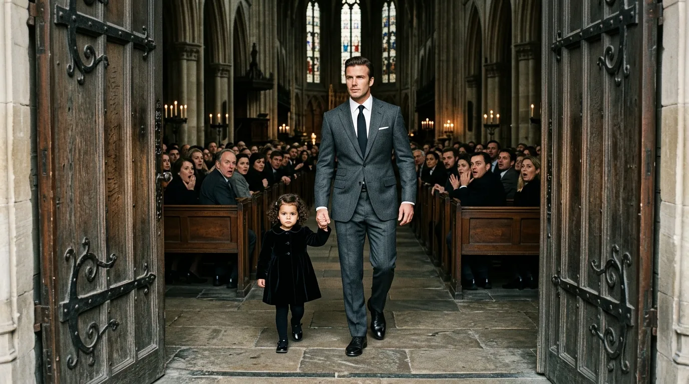 A commanding billionaire and his young daughter make a stunning entrance at a grand cathedral.