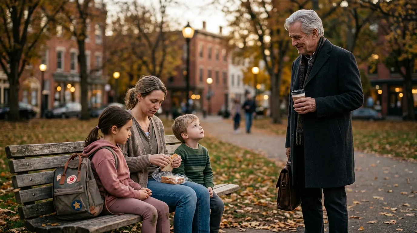 A mother gently splitting a single sandwich between her two children on a park bench while an older man watches