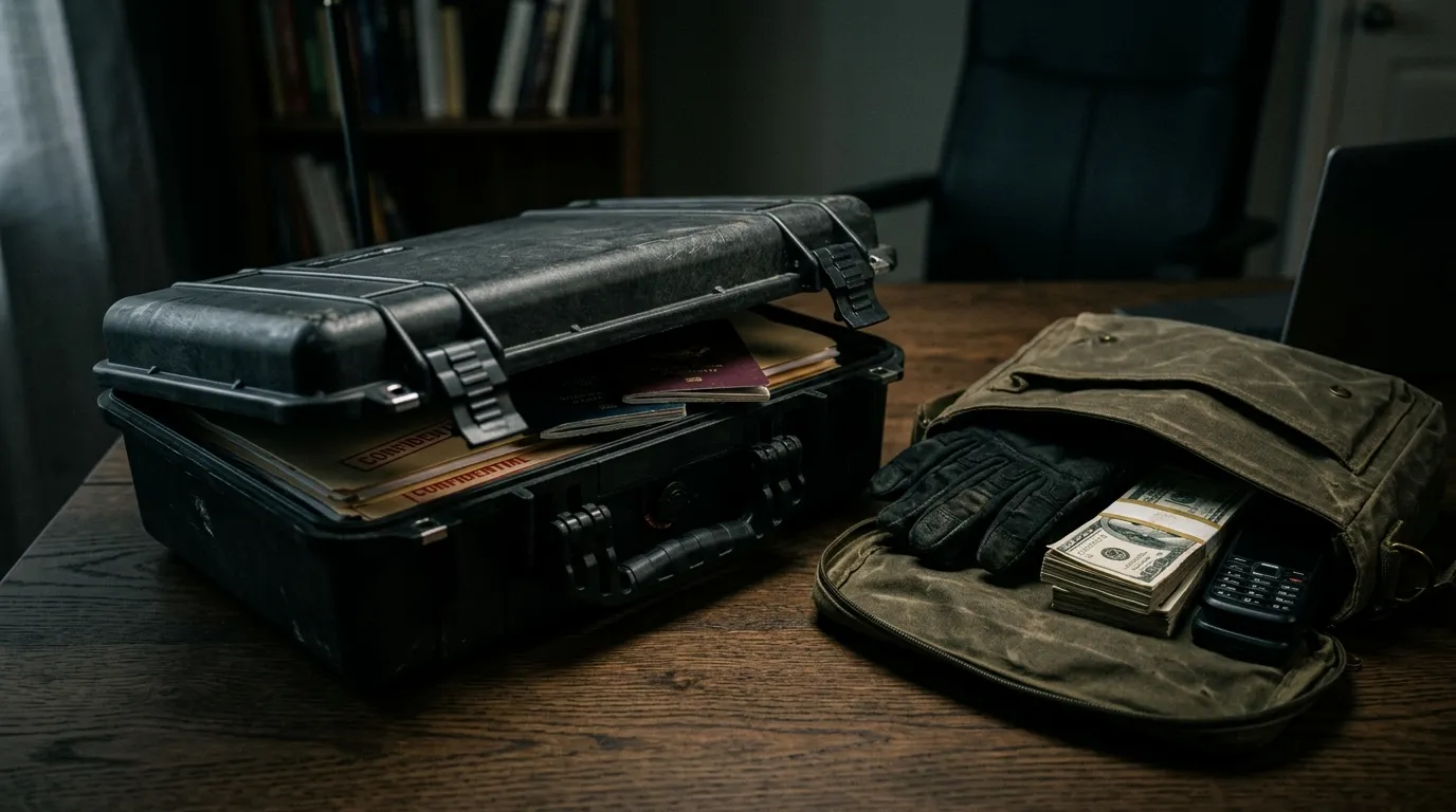 An open black document case revealing files, alongside cash and phones