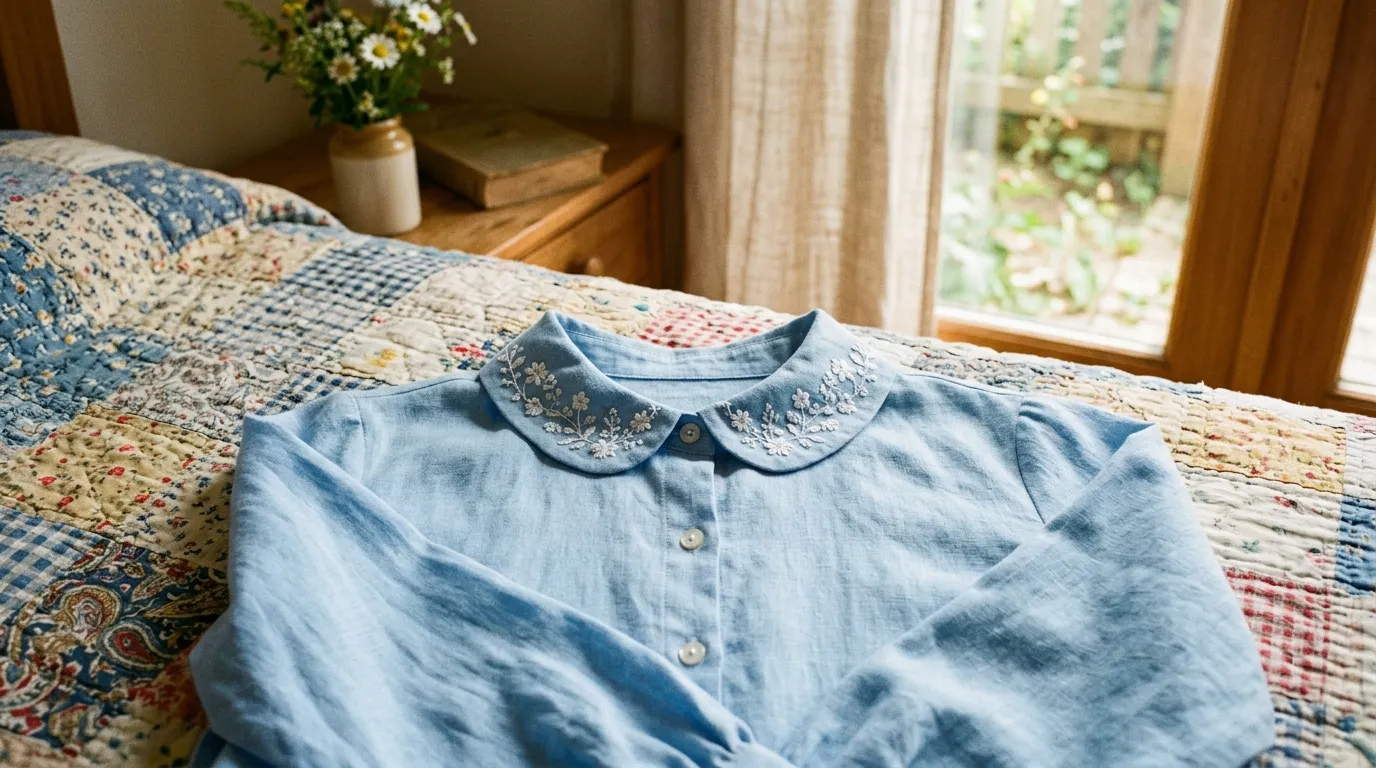 A light blue vintage blouse with delicate white flowers on the collar laid out on a bed.