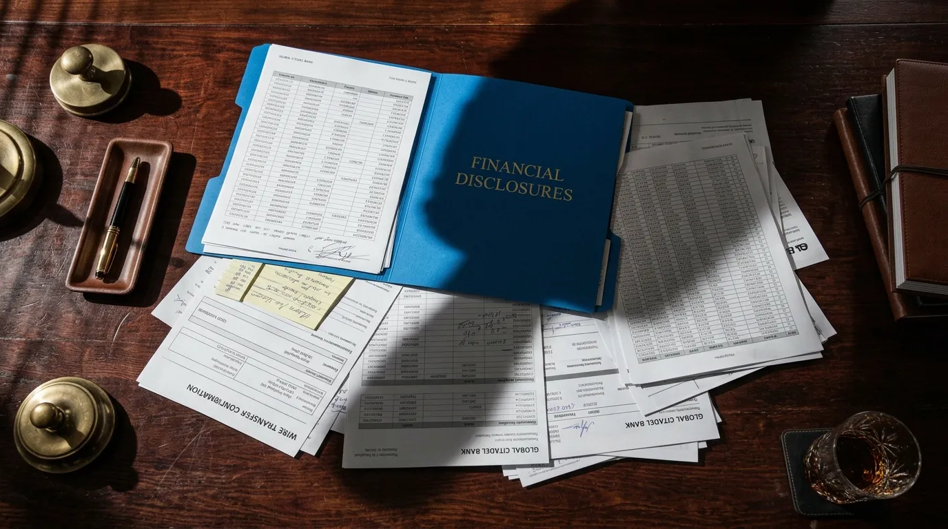A bright blue folder open on a luxurious mahogany desk, spilling over with complex financial ledgers