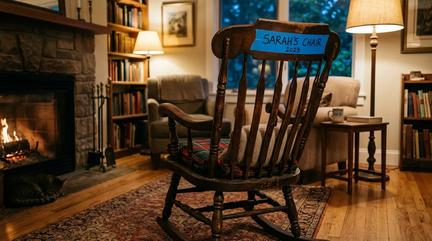 A vintage wooden rocking chair with a piece of blue painter's tape on it.