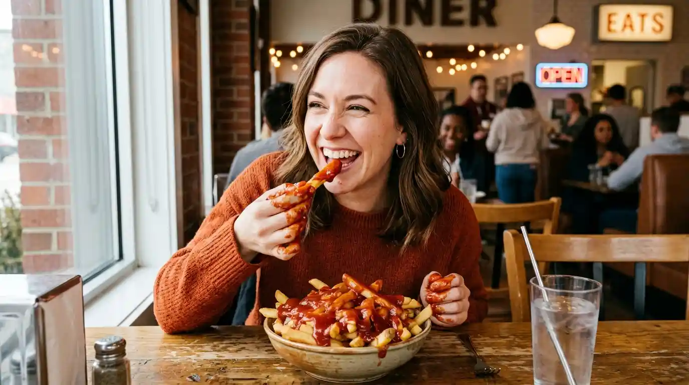Woman enthusiastically eating a bowl of french fries completely drenched in ketchup