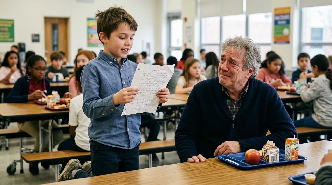 A young boy standing in a cafeteria reading proudly from a wrinkled piece of paper while his grandfather listens