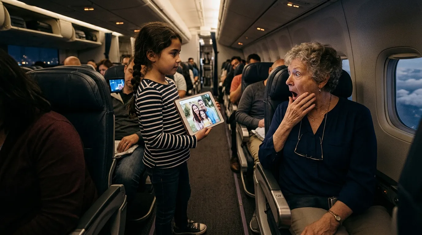 An 8-year-old girl holding a tablet and calmly speaking to an older woman on a plane