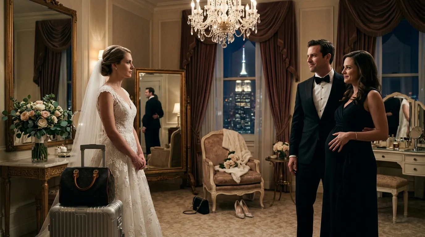 A tense moment in a luxurious bridal suite between a stoic bride and a smug couple.