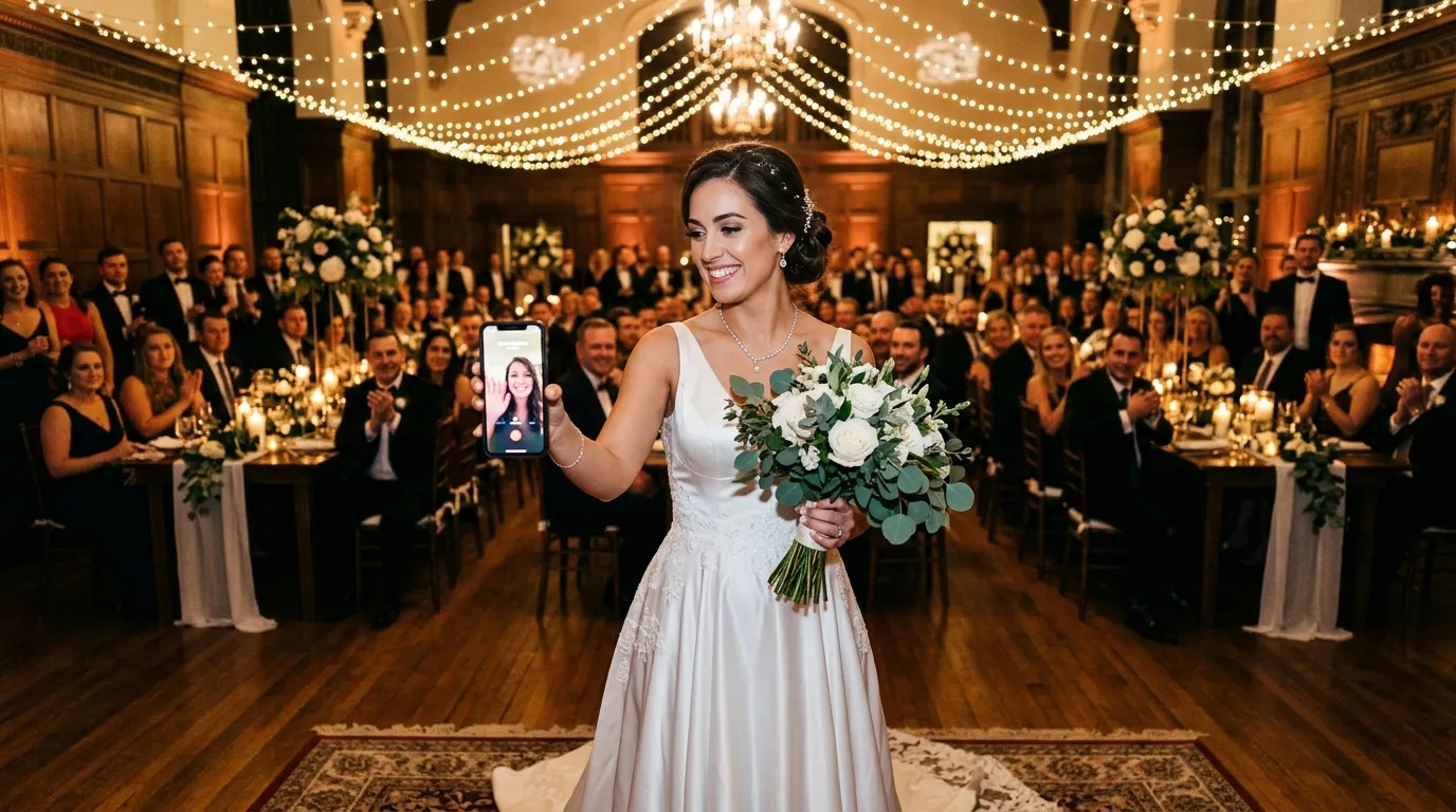 A confident bride holding a smartphone on speakerphone in the middle of a wedding reception hall.