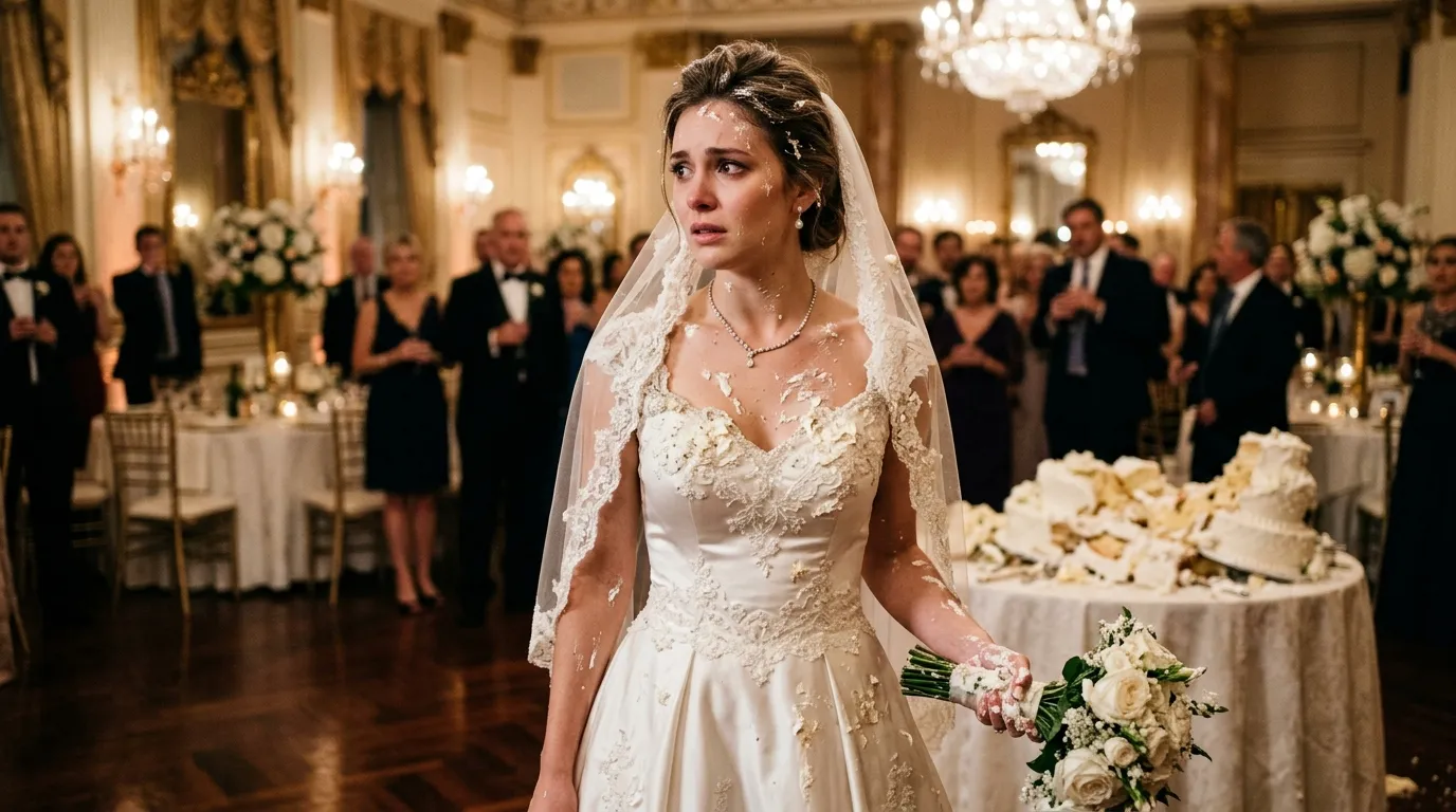 Bride with frosting on her dress standing in a grand ballroom