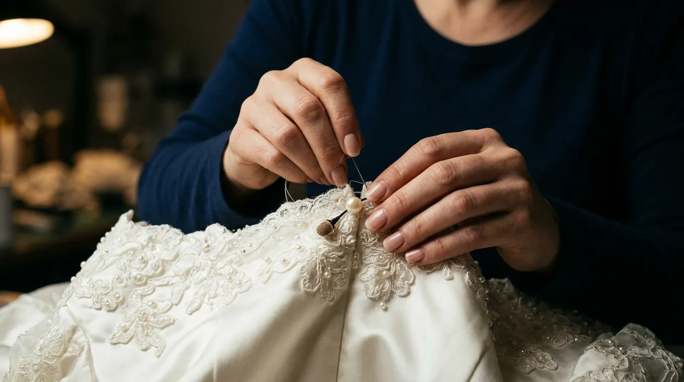 Hands sewing a hidden microphone into a white silk wedding dress