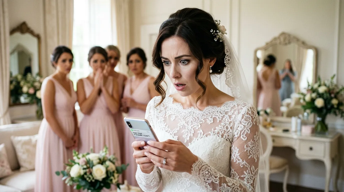 Bride looking shocked at her smartphone in the bridal suite