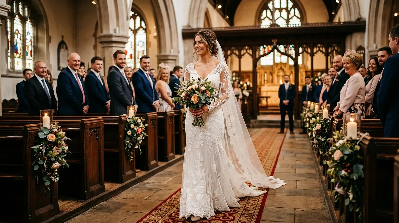 Confident bride walking down the aisle holding a bouquet
