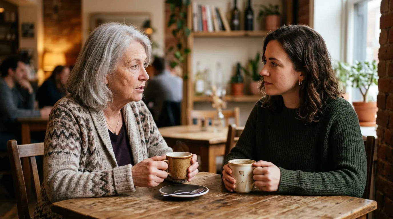 Two women having a serious but peaceful conversation over coffee in a cafe