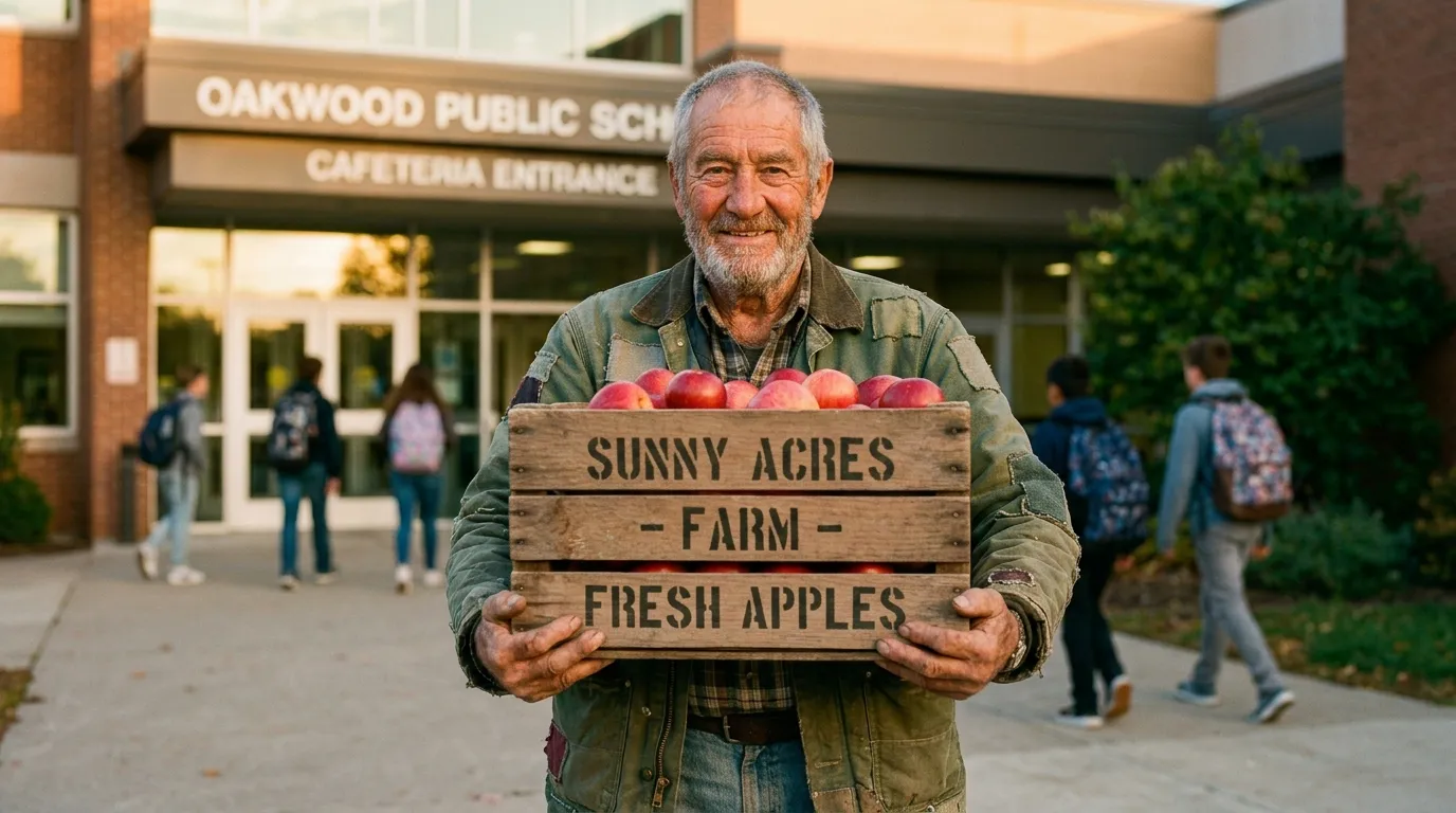 Older farmer unloading crates of apples outside a school