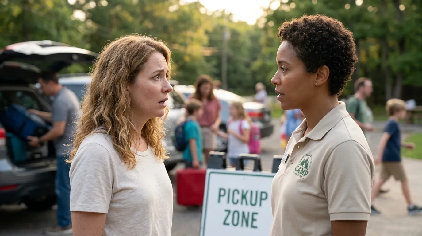 A concerned mother talking to a camp director outside