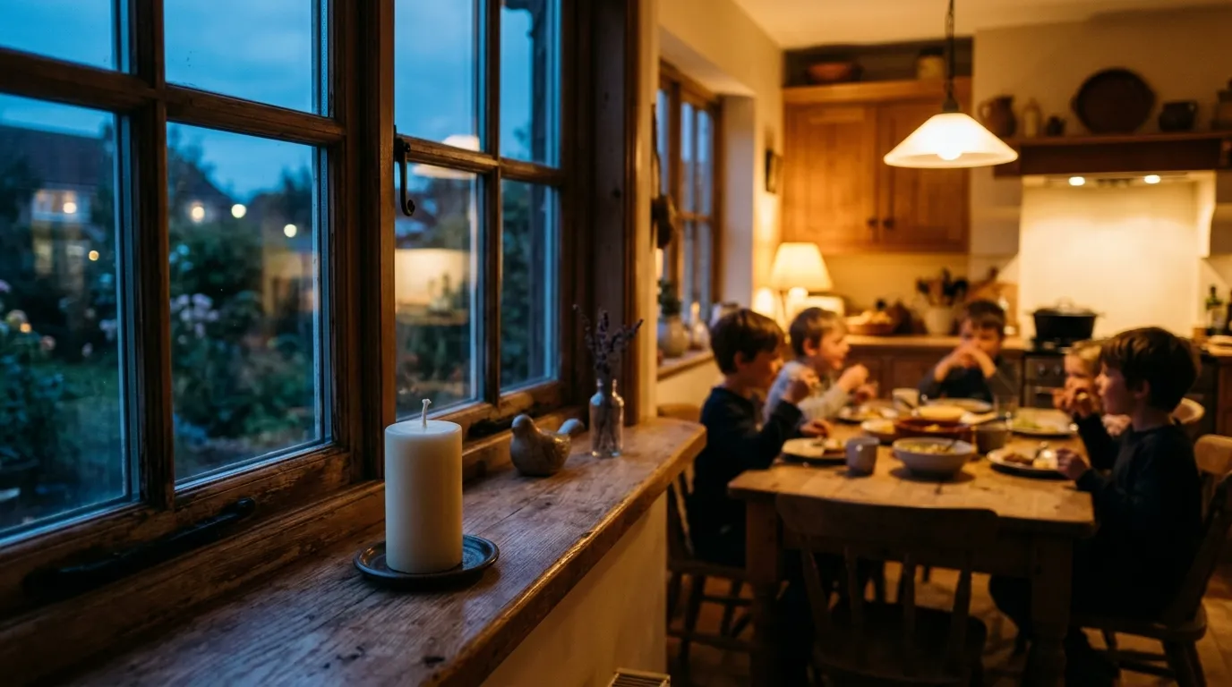 A single unlit white pillar candle sitting on a kitchen windowsill at dusk