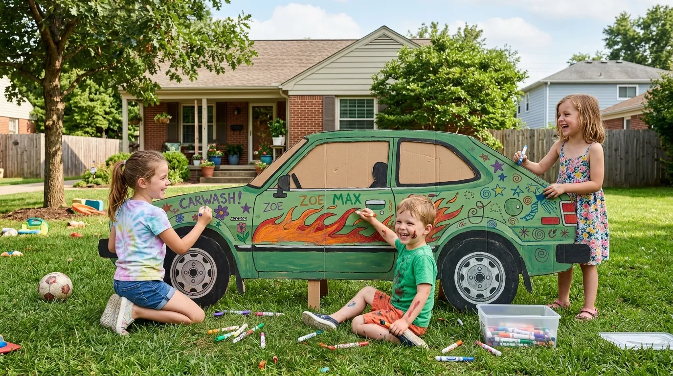 Kids decorating a life-sized cardboard car on a suburban lawn