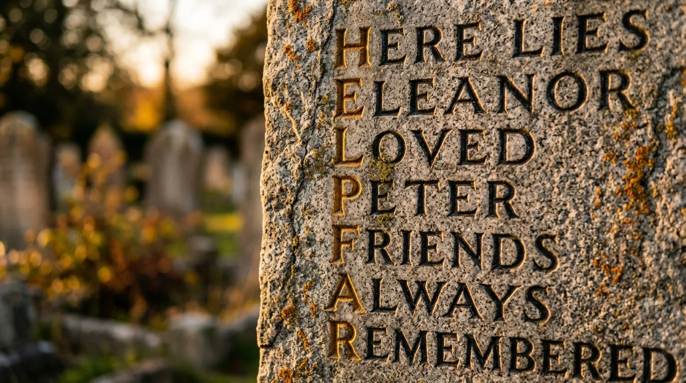 Close up shot of carved letters on a traditional gravestone catching the sunlight.
