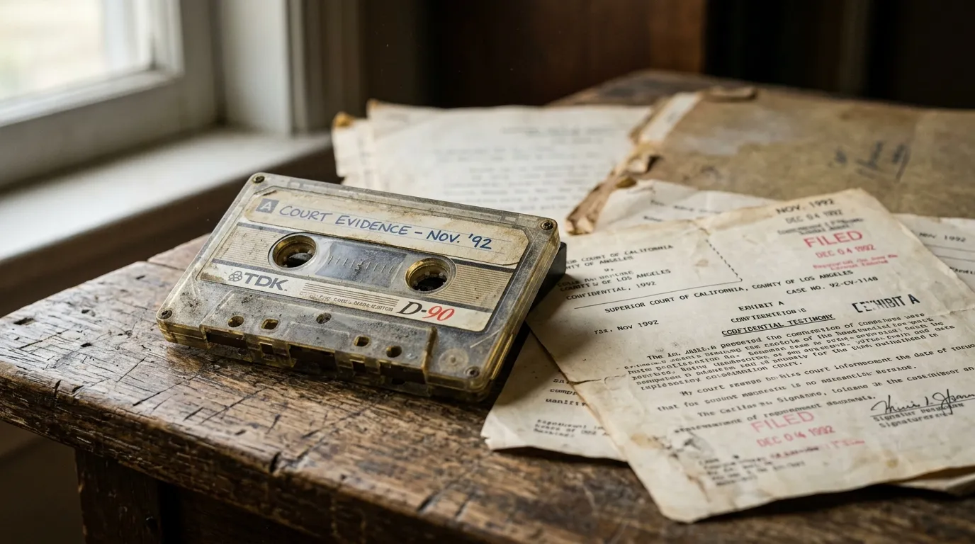 A dusty 1992 audio cassette tape resting on a wooden table next to vintage court documents and old letters, illuminated by moody window light.