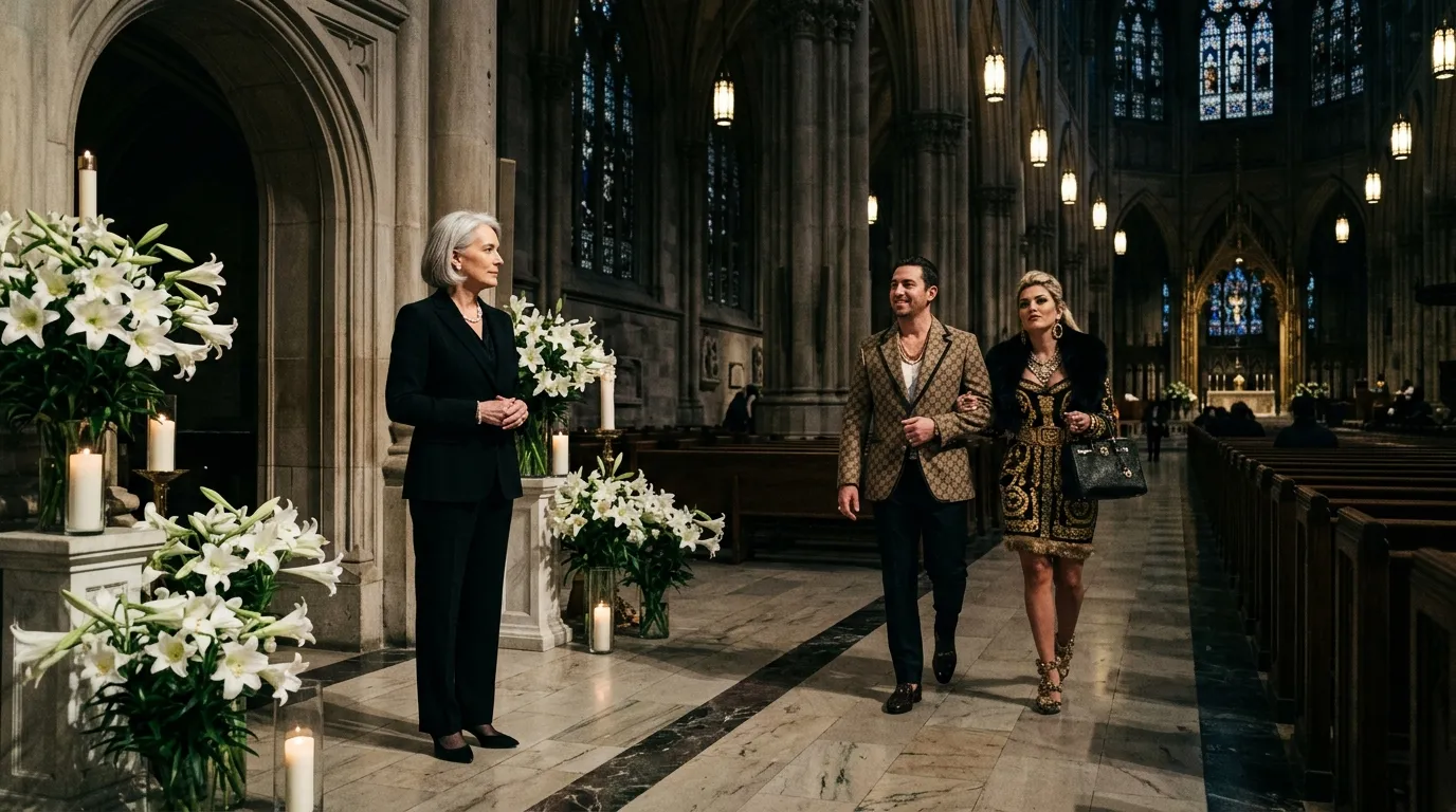 A dignified woman at a funeral being mocked by an arrogant, flashy couple.