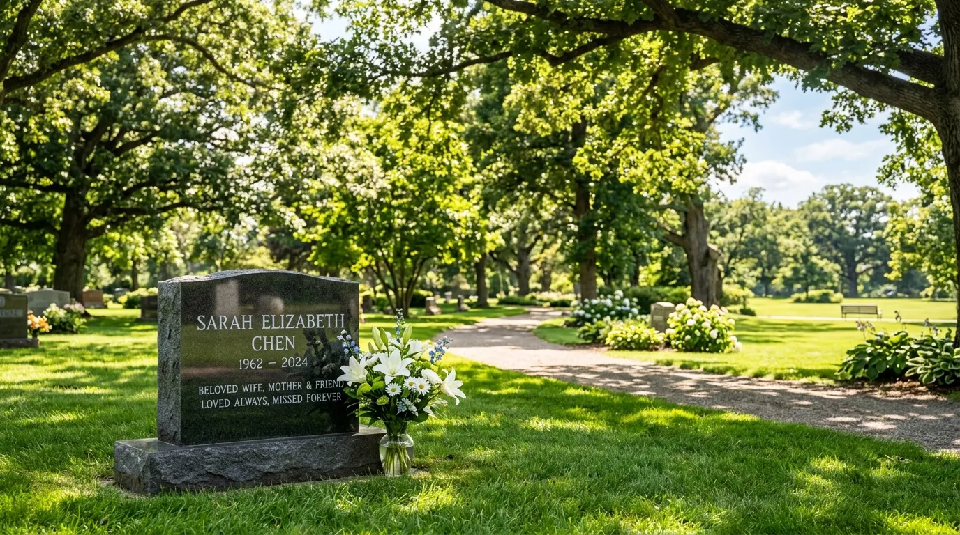 A polished granite headstone with fresh white lilies in a peaceful, sunlit memorial park
