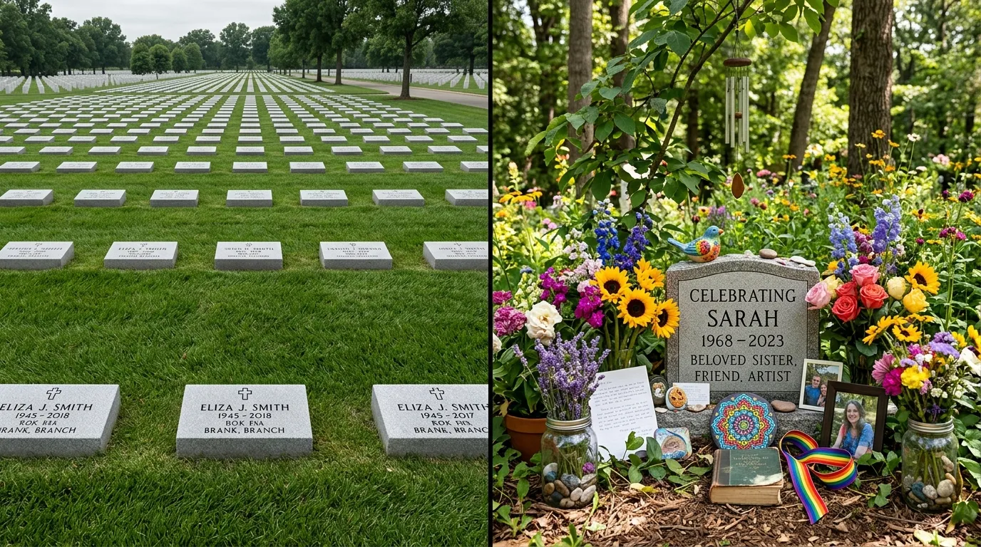 Split screen showing uniform cemetery lawns on one side and a highly personalized memorial space on the other.